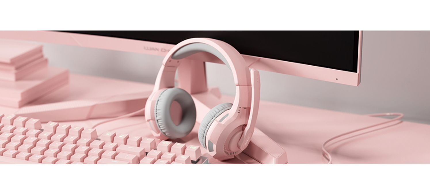 Anivia Pink Gaming Headset on Gaming Desk, Cute Over-Ear Headphone for Female Gamers