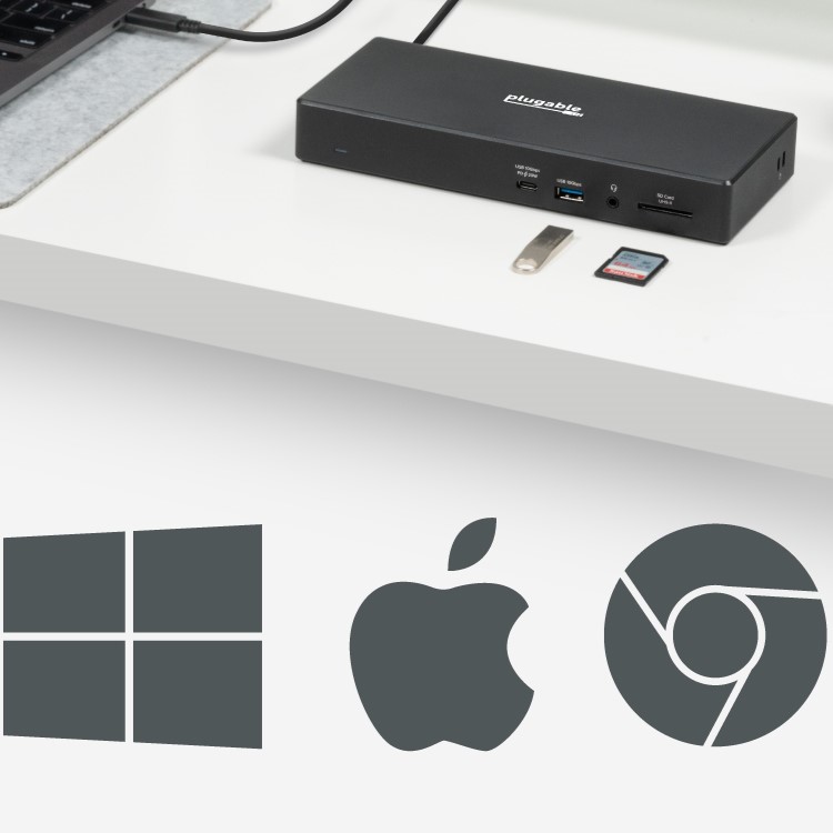 Laptop dock with Windows, Apple, and Chrome logos