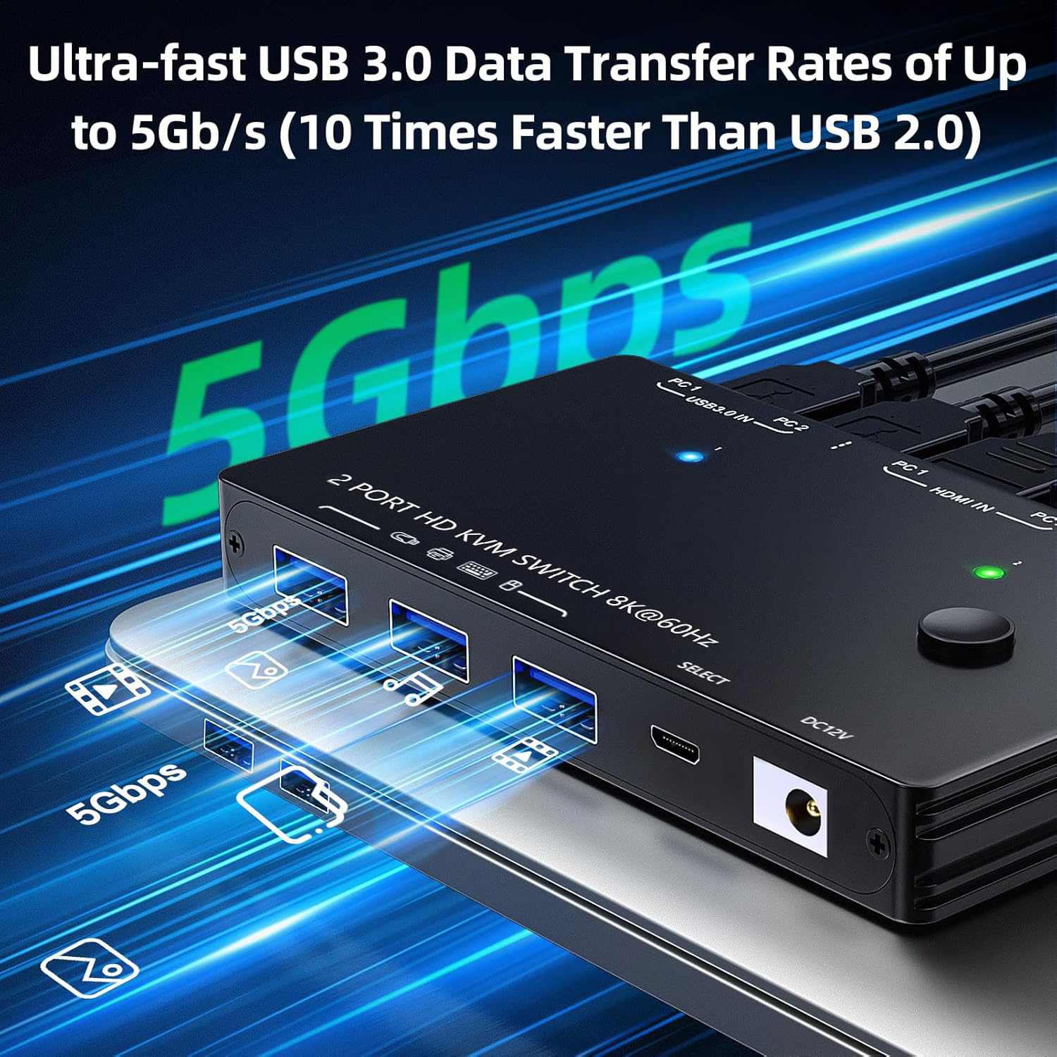 2 Ports HDMI KVM Switch 8K@60Hz, 2 in 1 Out HDMI KVM Switch for 2 PC Share 1 Monitor