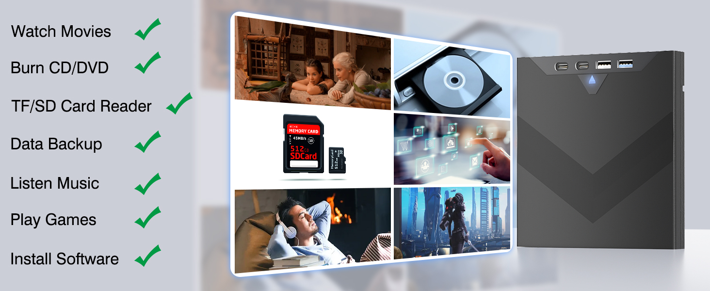 7-in-1 External CD/DVD Drive, with USB A, USB-C and SD/TF Card Slots, USB 3.0 & Type C CD/DVD Player