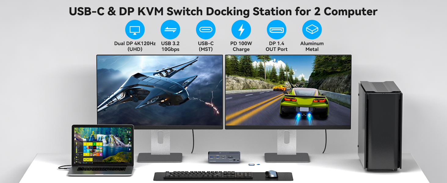 14-in-1 KVM Docking Station 4K@120Hz USB C Displayport KVM Switch 2 Monitors 2 Computers