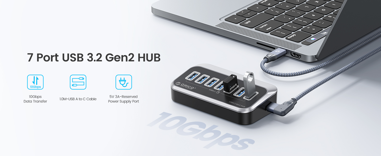ORICO USB Hub 10Gbps with 7 USB A Ports, USB 3.2 Gen 2 Hub with 3.28Ft USB-A to USB-C Cable USB Spli