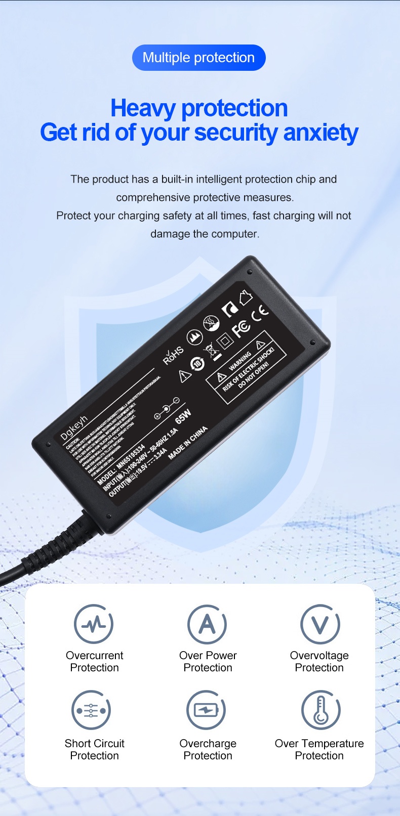 Dgkeyh Suitable for Dell 65W Laptop Charger Adapter Parameters 19.5V3.34A Interface 7.4×5.0MM