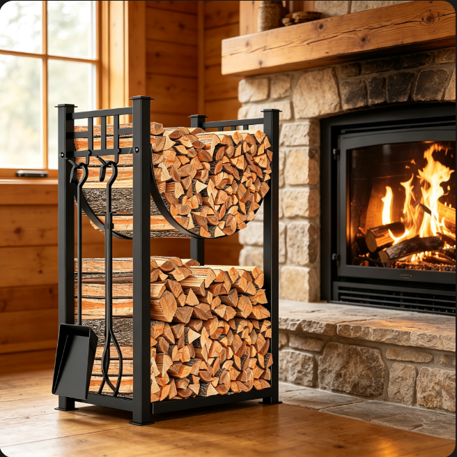 firewood log rack, fireplace wood storage holder, 2-tier firewood rack, fireplace tools set, indoor