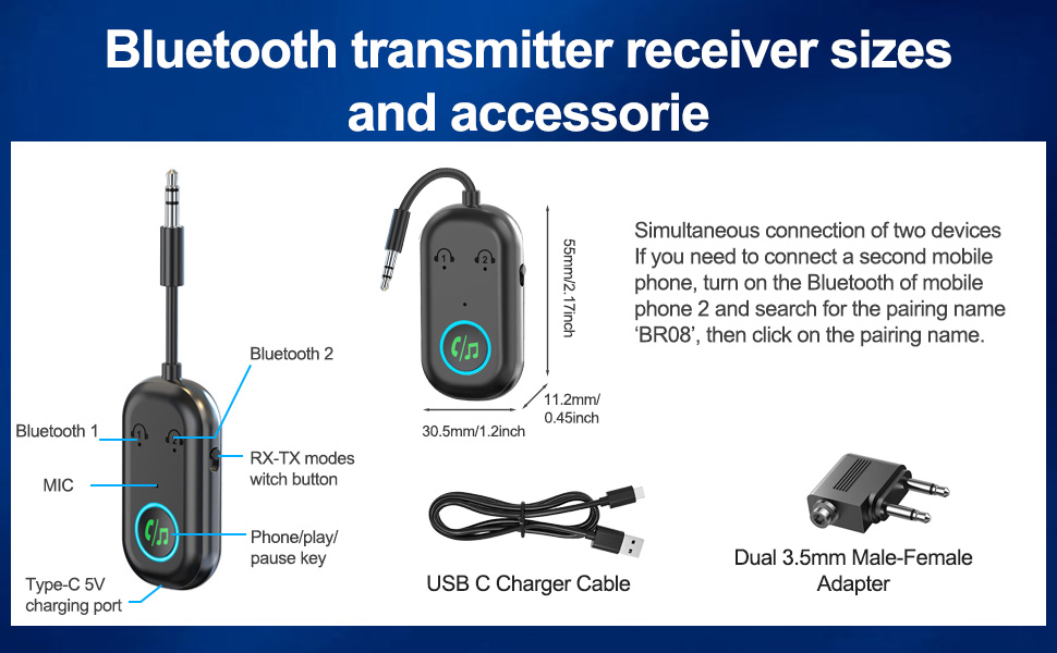 Bluetooth Transmitter Receiver, Wireless Car/Airplane Bluetooth 5.3 Adapter