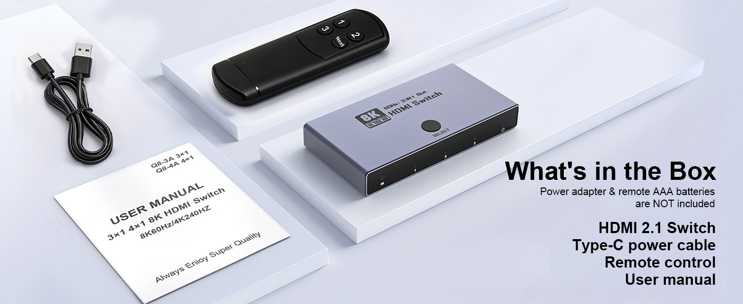 HDMI 2.1 Switch 3 in 1 Out, 8K@60Hz 4K@240Hz/120Hz 48Gbps, HDMI Switcher with Remote