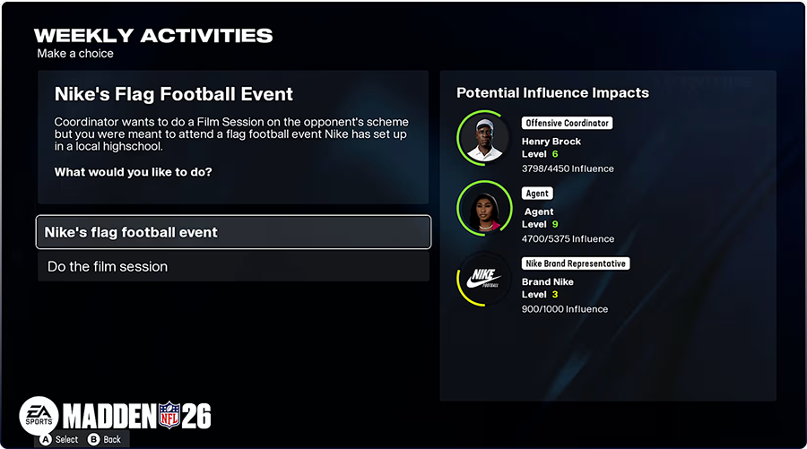 Madden NFL 26 Superstar mode screenshot showing player career with Sphere of Influence system and Wear and Tear management