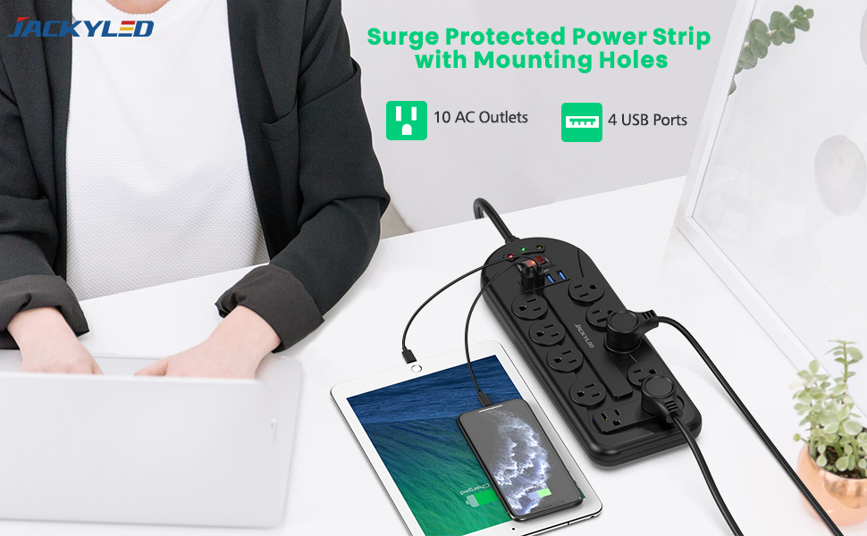 JACKYLED Surge Protected 10 Outlet Power Strip Wall Plug -10 AC Outlets and 4 Smart USB Ports