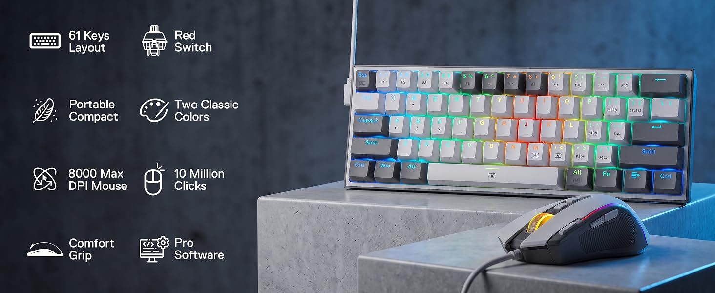 Redragon CB201 Gaming Keyboard & Mouse Combo, 61 Keys K617 Wired RGB Gaming Keyboard and 8000 DPI Wi