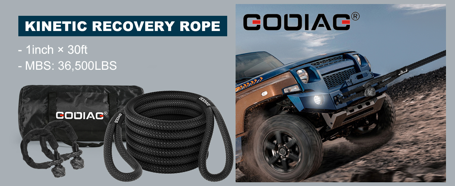 GODIAG 1"×30ft Kinetic Recovery Tow Rope (36500lbs) Heavy Duty Energy Rope with 2 Soft Shackles