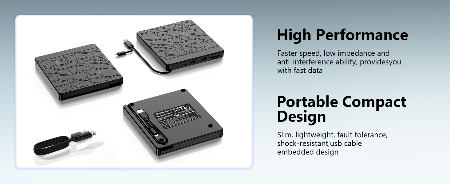 5-in-1 External Blu-ray Drive for Laptops, USB 3.0 & Type-C BD Reader, DVD/CD Burner with Dual USB-A