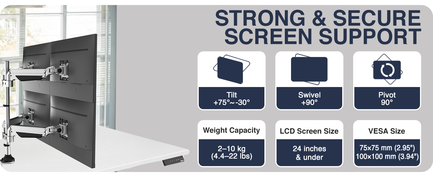 quad monitor desk mount, four screen ergonomic arm, heavy-duty 4 monitor stand, monitor VESA mount