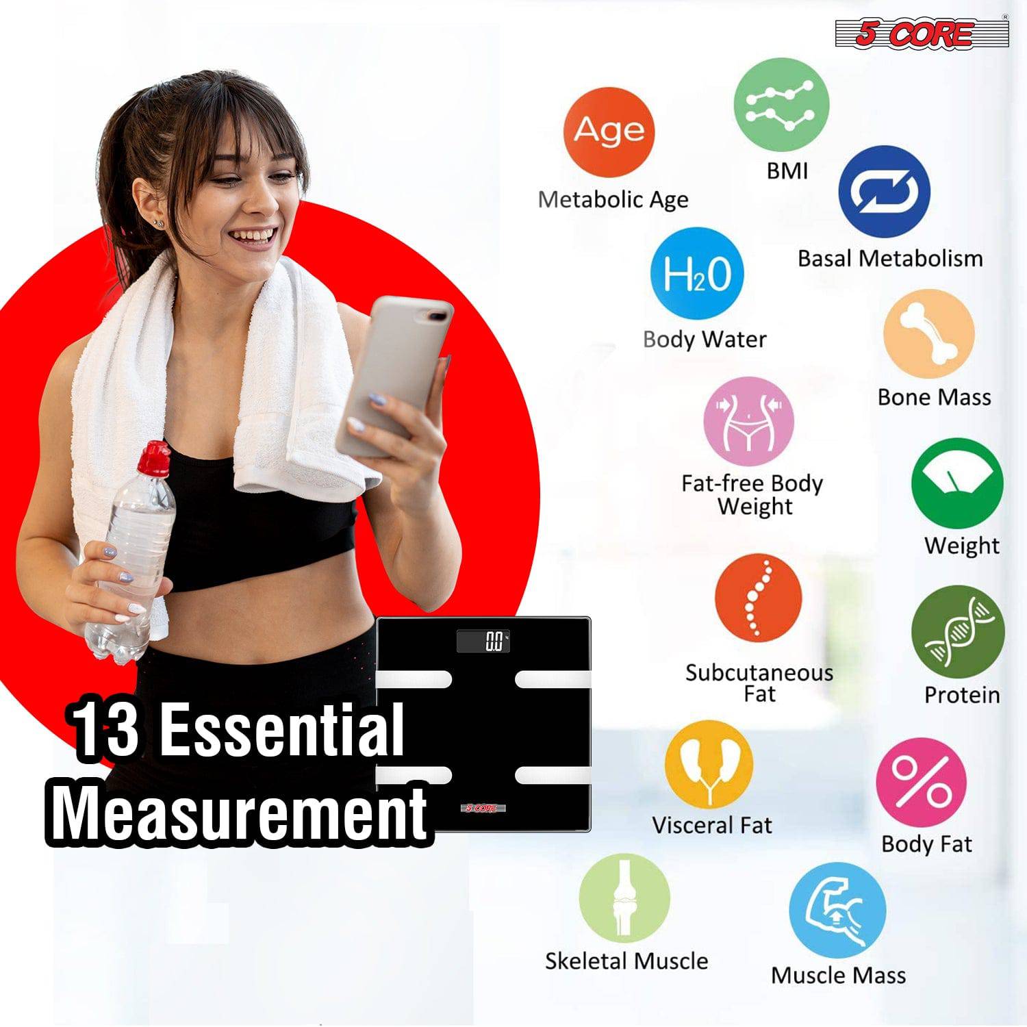 5 Core Rechargeable Smart Digital Bathroom Weighing Scale with Body Fat and  Water Weight for People; Bluetooth BMI Electronic Body Analyzer Machine;