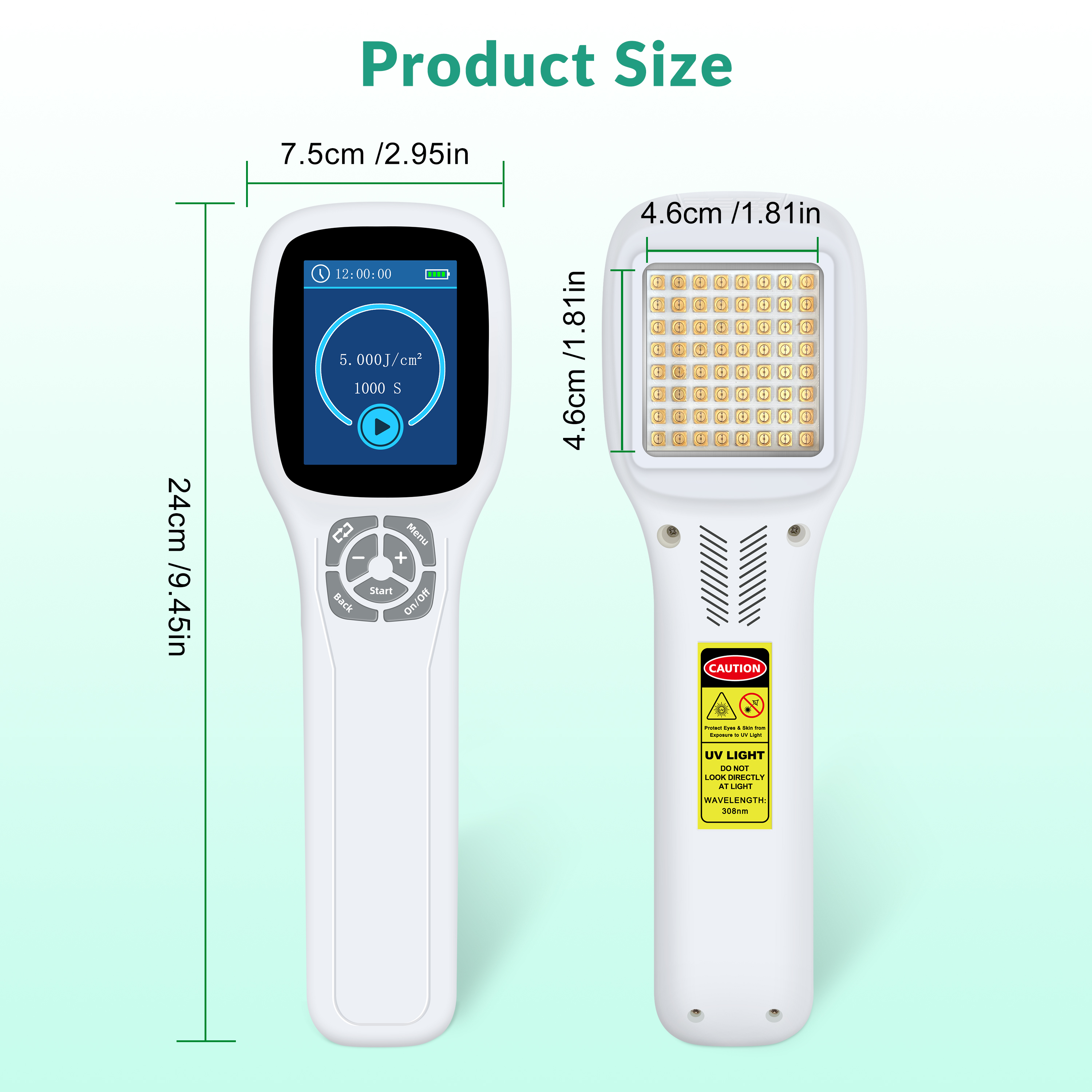 Handheld UVB Phototherapy Device Dimensions