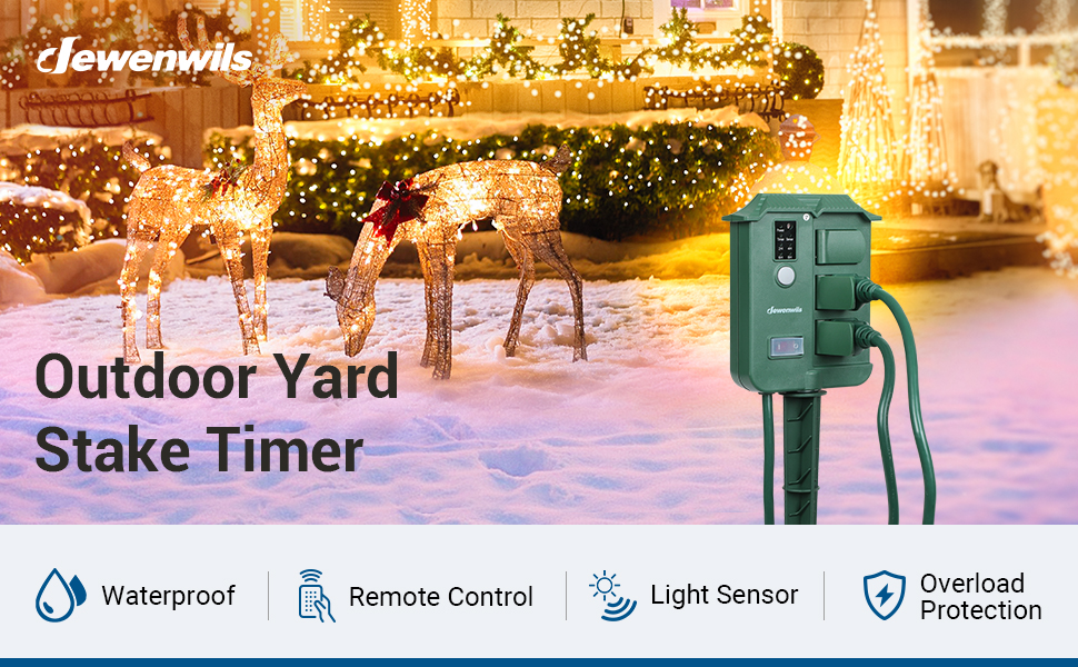 Outdoor Power Stake Timer, 100FT Wireless Remote Control, Weatherproof  Countdown Light Timer(2, 4, 6, 8 Hour), Photocell Dusk to Dawn for Outdoor