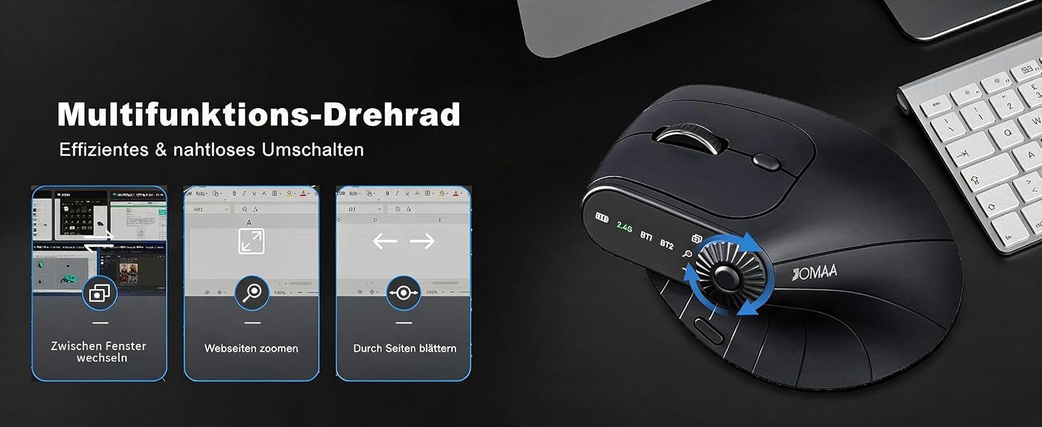 Wireless 2.4G & Dual Bluetooth Three Channel Ergonomic Vertical Mouse - Adjustable DPI Multifunction