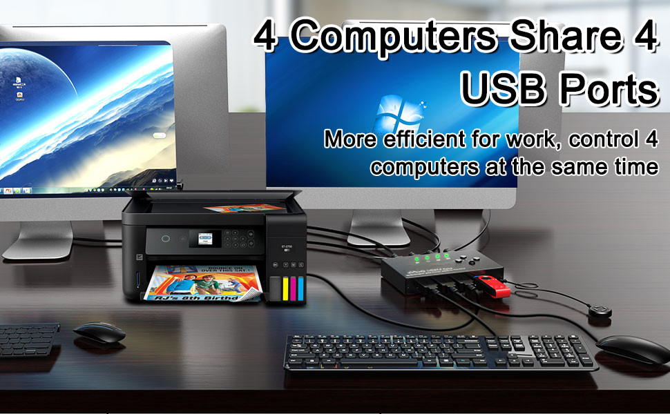  USB Switch Selector 4 Port, AIMOS USB KVM Switcher 4 Computers  Sharing 4 USB Devices One-Button Swapping, for Share Mouse, Keyboard,  Printer, Scanner, with 4 USB Cables : Electronics
