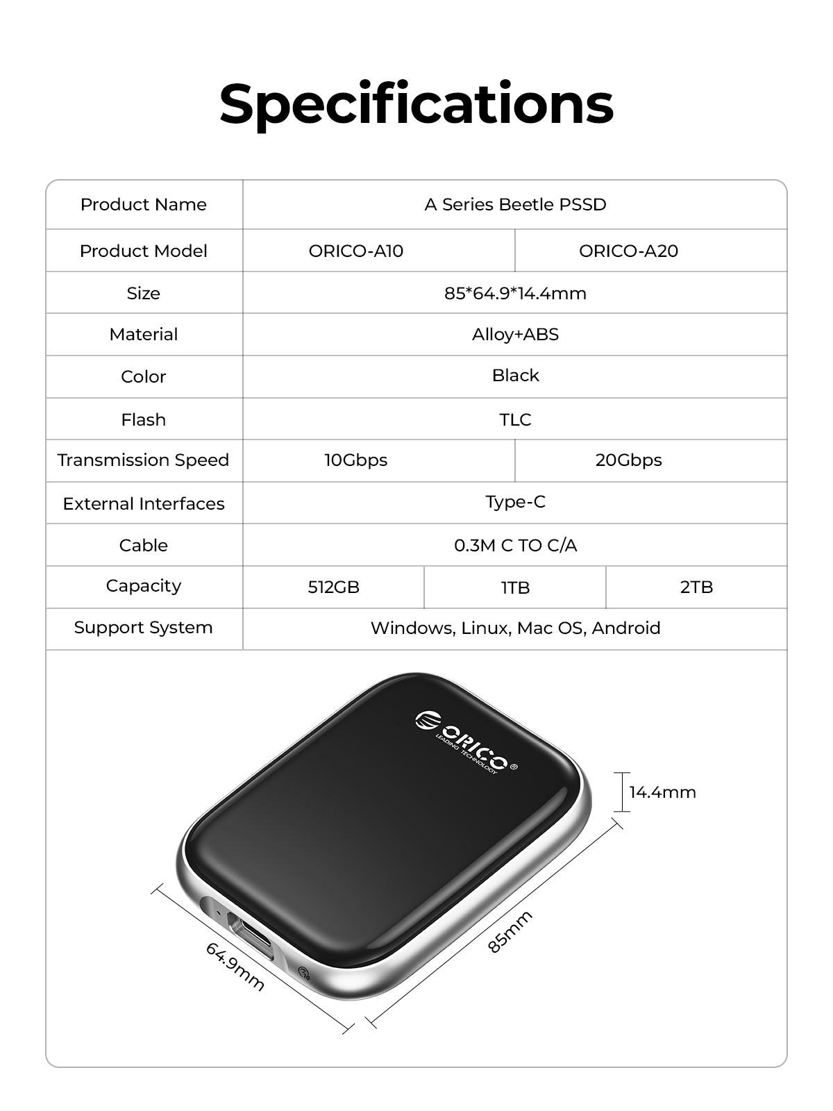 ORICO Beetle Portable SSD 1000MB/S External Solid State Drive 1TB USB 3.2 Gen2 Type C PSSD for Lapto