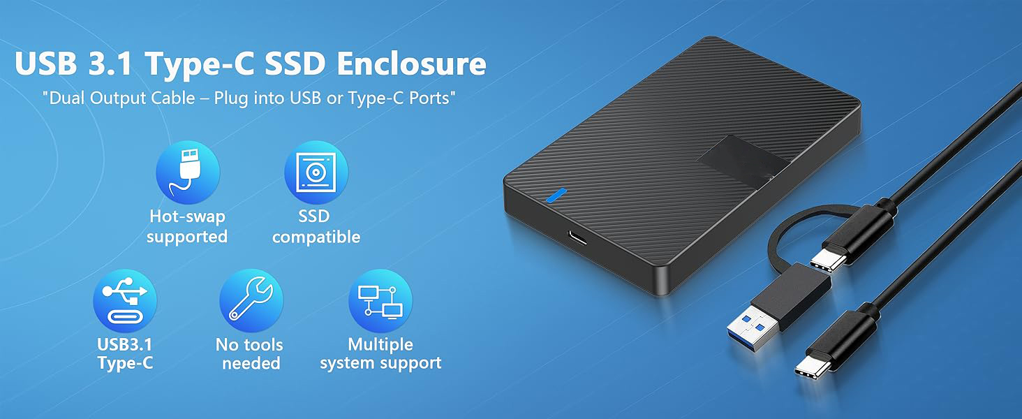 USB-C External Hard Drive Enclosure 2.5'' HDD SSD for sata - 6Gbps Tool-Free Case Compatible with UA