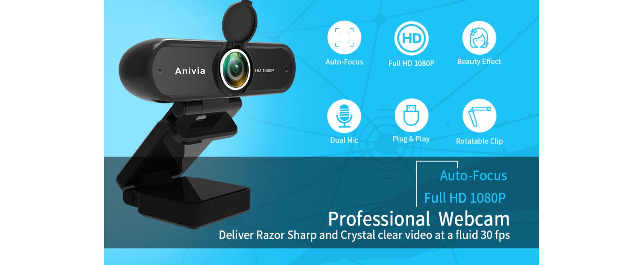 INMISS webcam, full HD 1080P, auto focus, dual mic, plug and play, beauty effect, rotatable clip