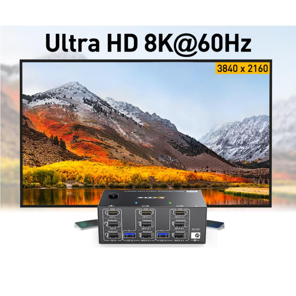 UHD8K@60Hz/4K@144Hz  The resolution and fresh rate of triple monitor KVM switch supports up to 8K@60