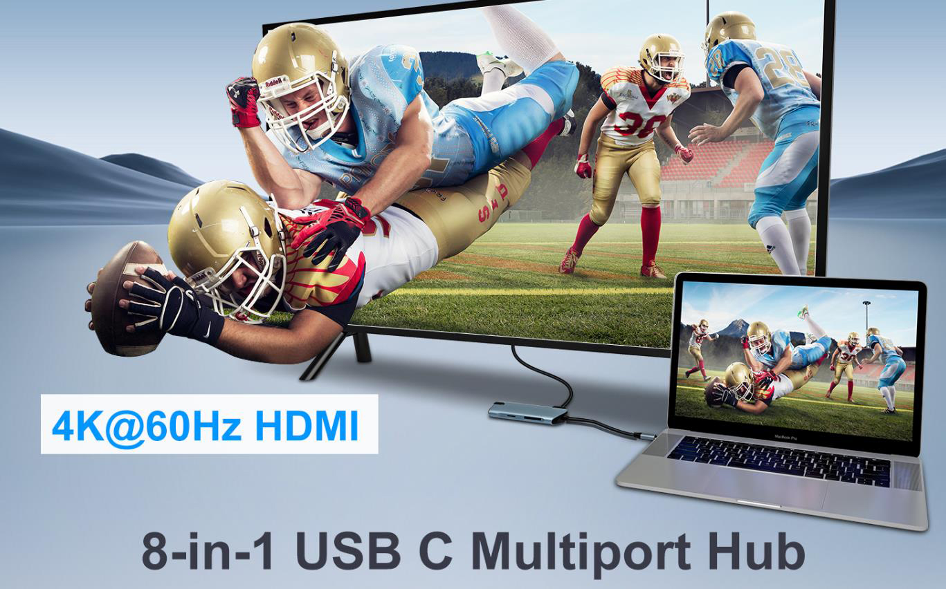 8-in-1 USB C Hub Ethernet Adapter with 4K@60Hz HDMI, 100W PD Charging, 3X USB 3.0 Ports, 1Gbps RJ45,