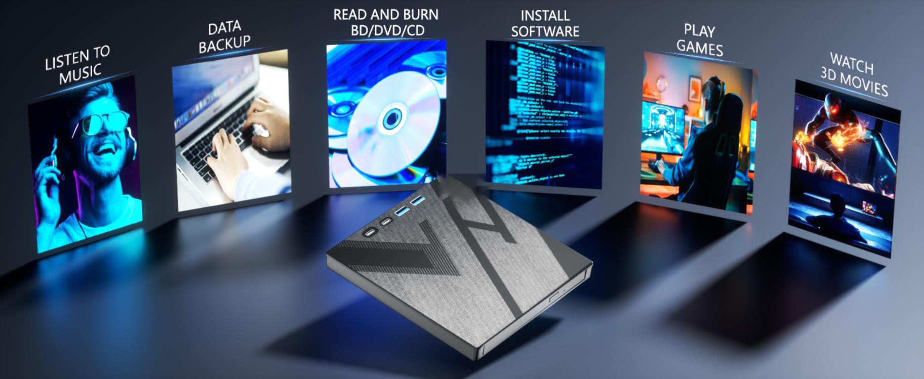 7 in 1 External Bluray Drive, USB 3.0 Type-C Optical External Blu-ray DVD Drive Burner with SD/TF Po