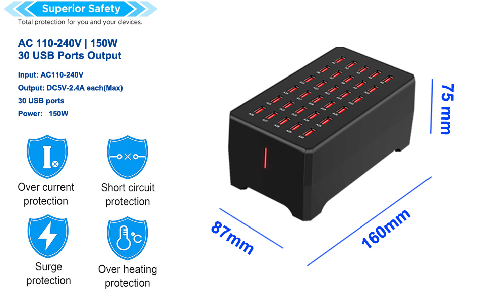 USB Charger Station, 30-Port USB 150W/30A Multiple USB Charging Station