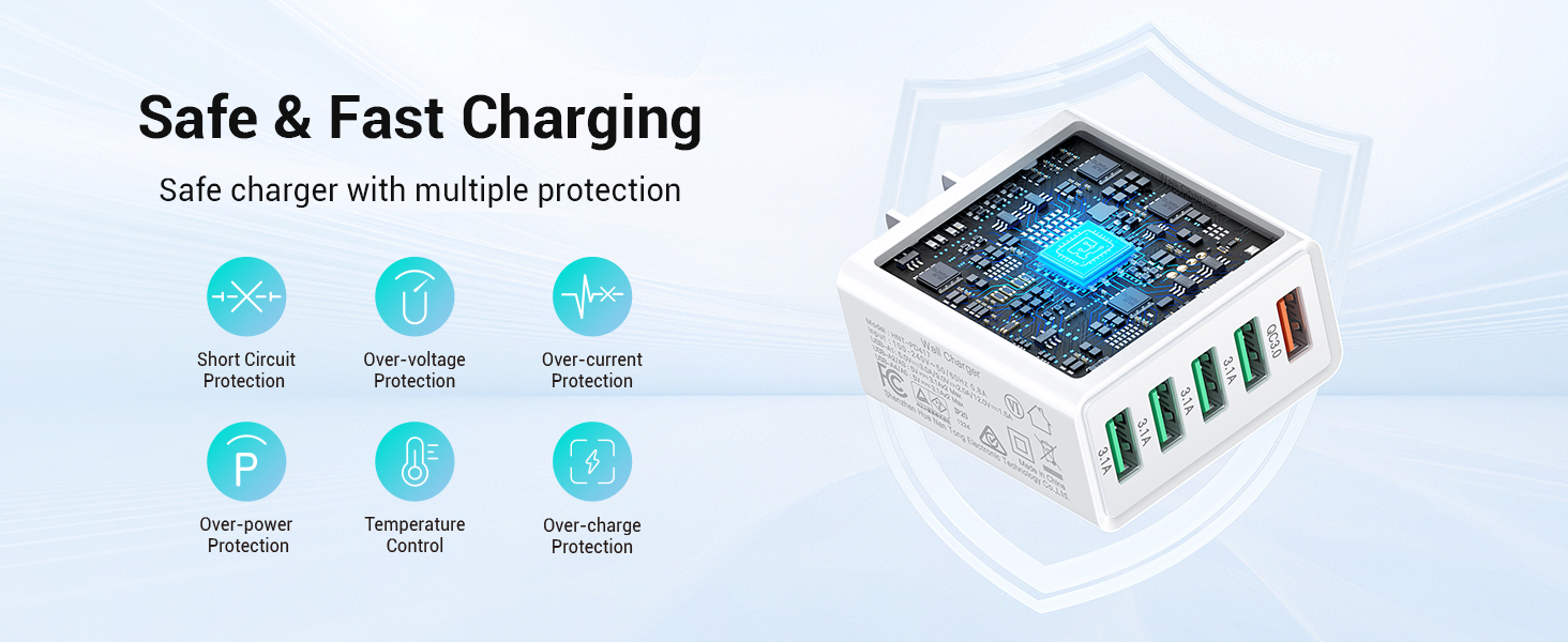 50W USB Wall Charger Block, [2 Pack] 5-Port Charger Fast Charging Block QC 3.0 Multiport Box Brick