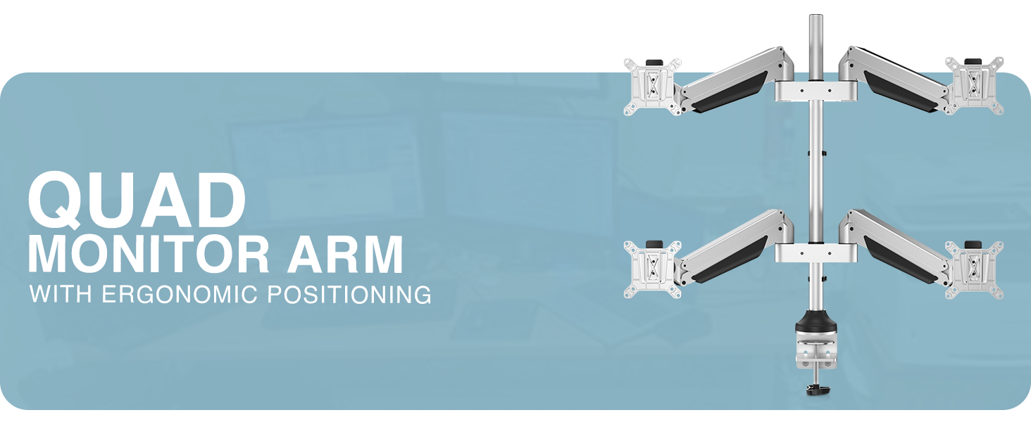 quad monitor desk mount, four screen ergonomic arm, heavy-duty 4 monitor stand, monitor VESA mount
