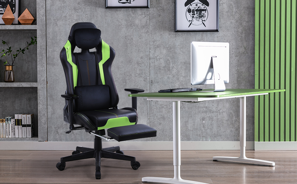 NOKAXUS Gaming Chair With Adjustable Footrest Armrest Head and Lumbar Pillow  Black/green 