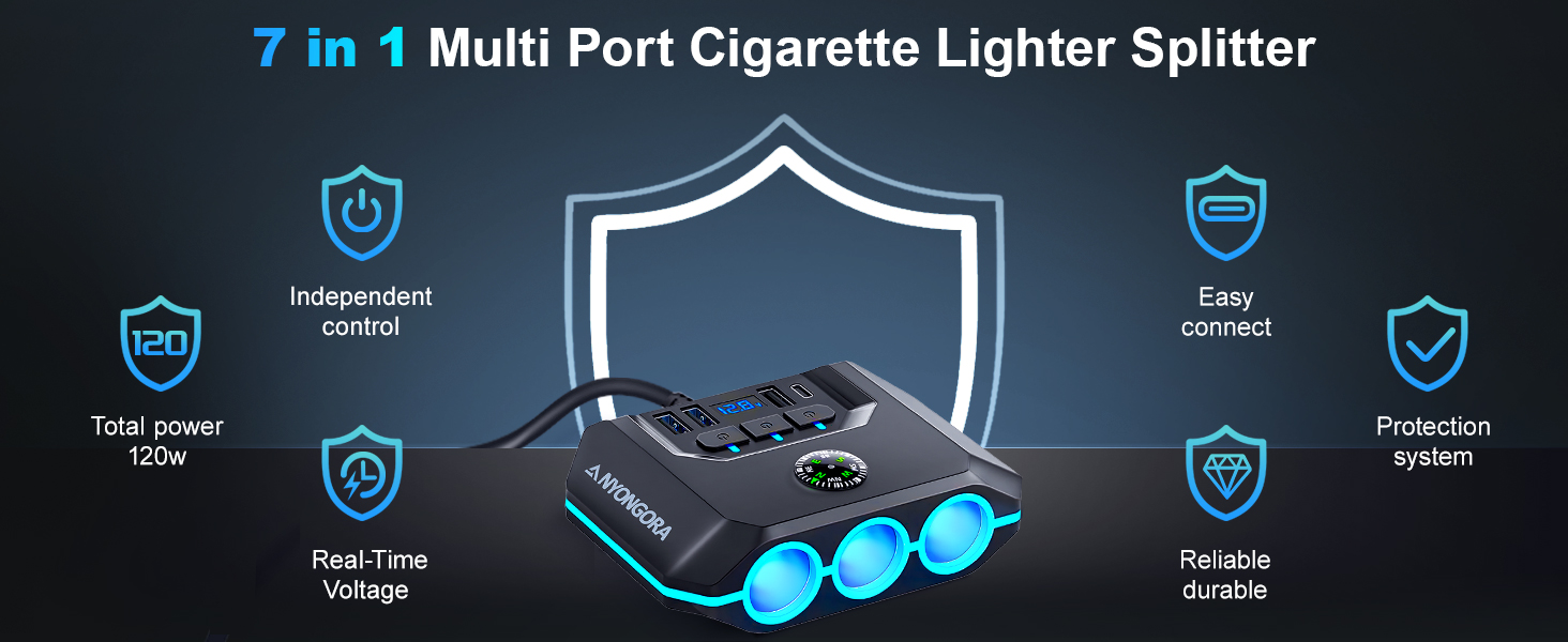 Car Auto Cigarette Lighter Splitter, 120W Car Charger Adapter with USB & PD, 7 in 1 Multi Port Power