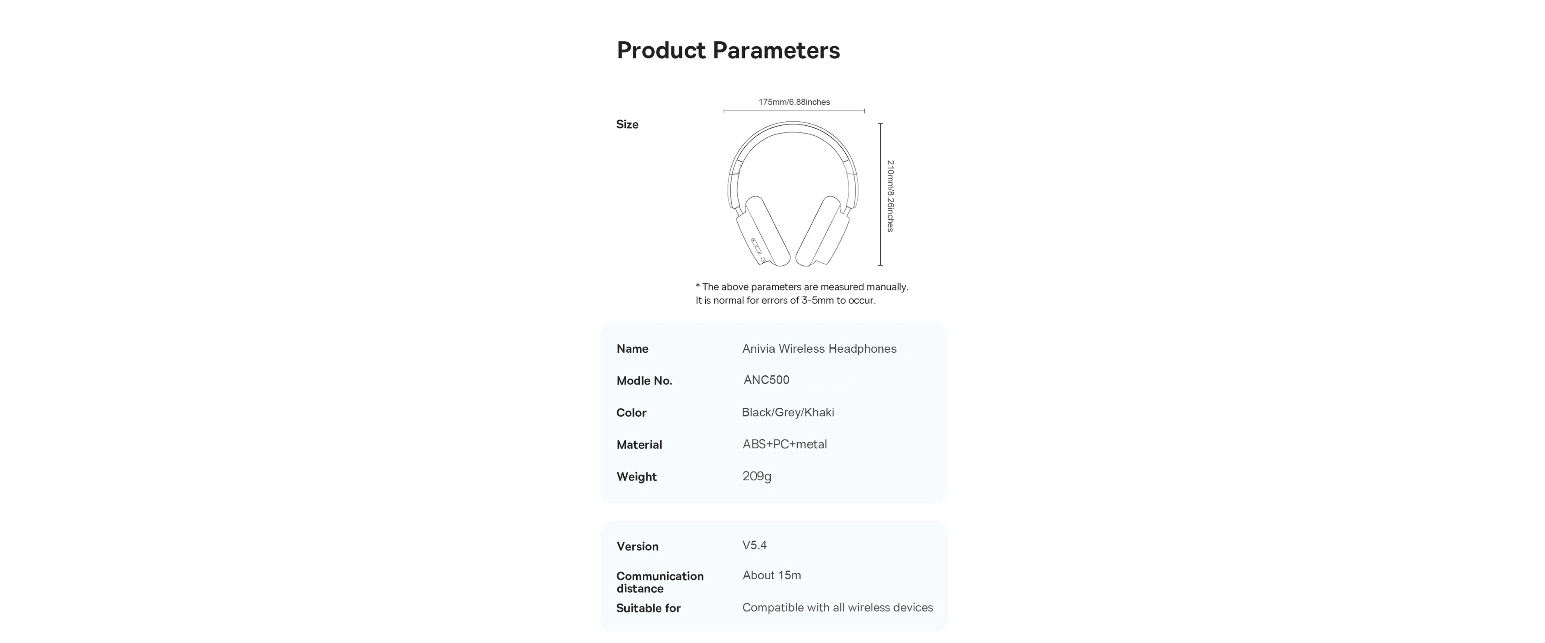 Product parameters, ANC500, wireless headphones, bluetooth V5.4