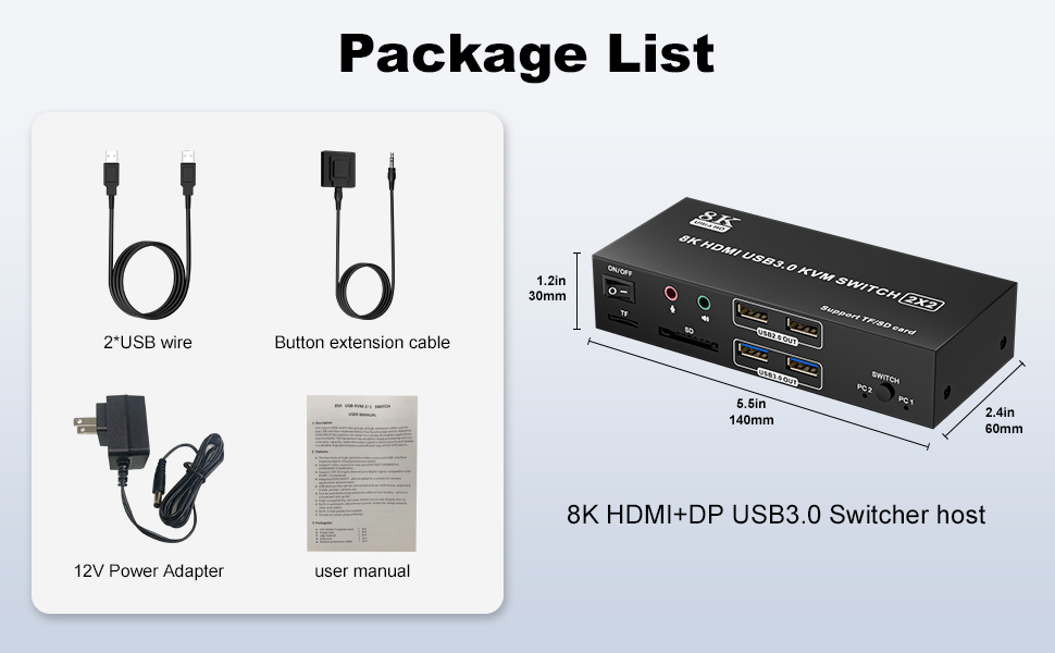 HDMI KVM Switch 2 Monitors 2 Computers, 8K@60Hz HDMI 2.1 Dual Monitor KVM with 4 USB 3.0 Ports, TF/S