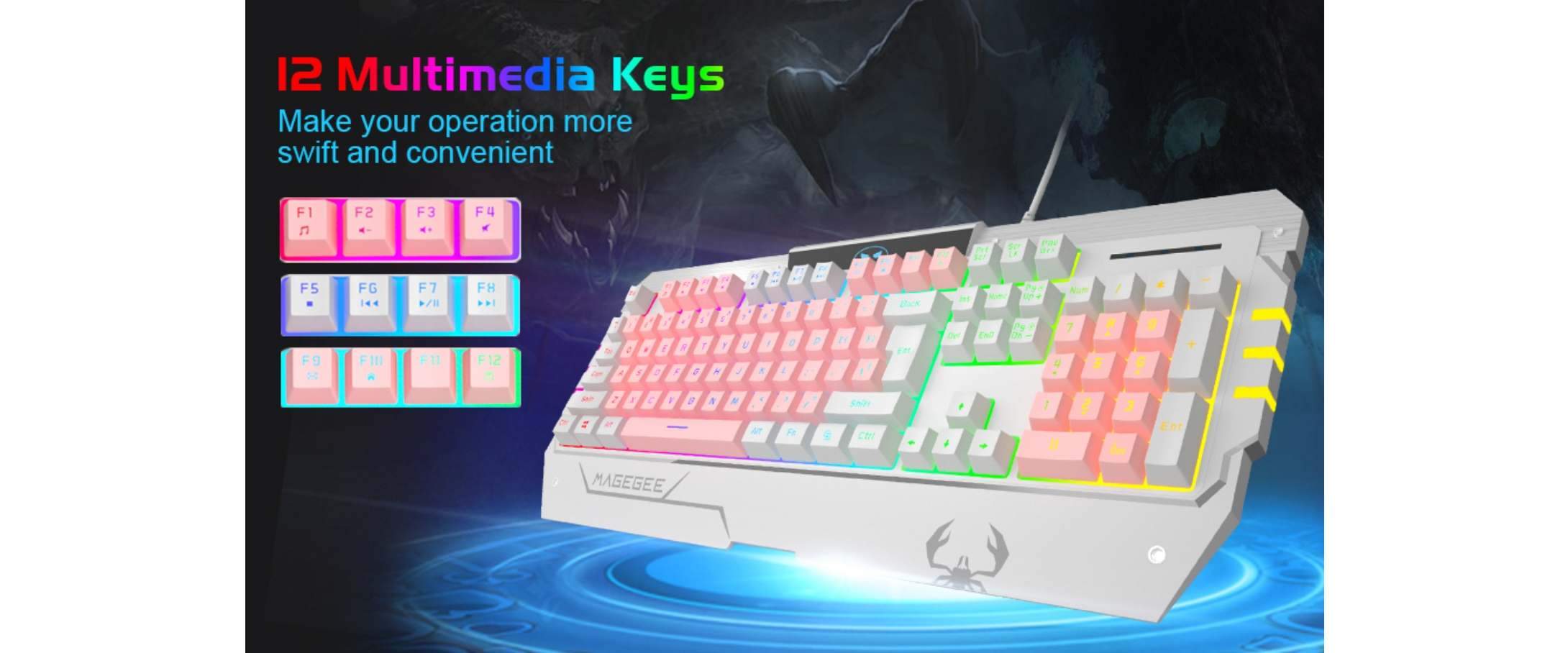 EACH gaming keyboard, 12 multimedia keys, rainbow backlight, wired gaming keypad