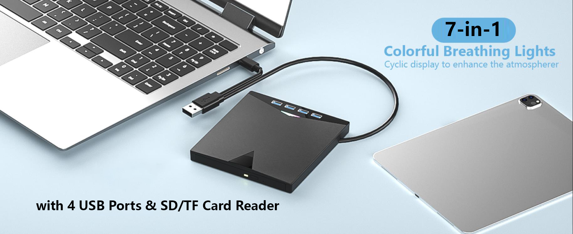 External CD/DVD Drive for Laptop, 7-in-1 USB 3.0 Portable CD/DVD Player Burner with 4 USB Ports