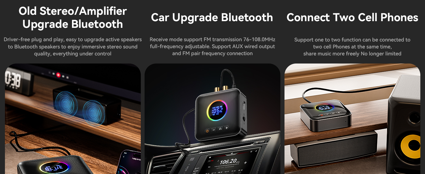 Bluetooth 5.4 Transmitter Receiver, 3-in-1 Bluetooth Adapter HiFi Audio Bluetooth Receiver FM Transm