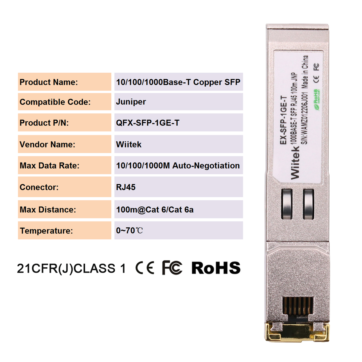 1.25G SFP-T, 10/100/1000BASE-T Gigabit Copper SFP, Wiitek SFP to RJ45 ...