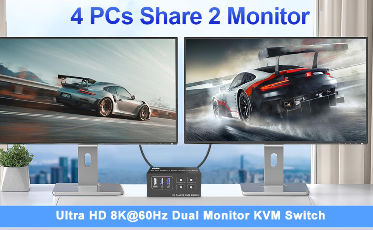 Ultra HD 8K@60Hz Dual Monitor KVM Switch  Supports up to 8K@60Hz/4K@144Hz, Ultra HD, HDR 10, Dolby v