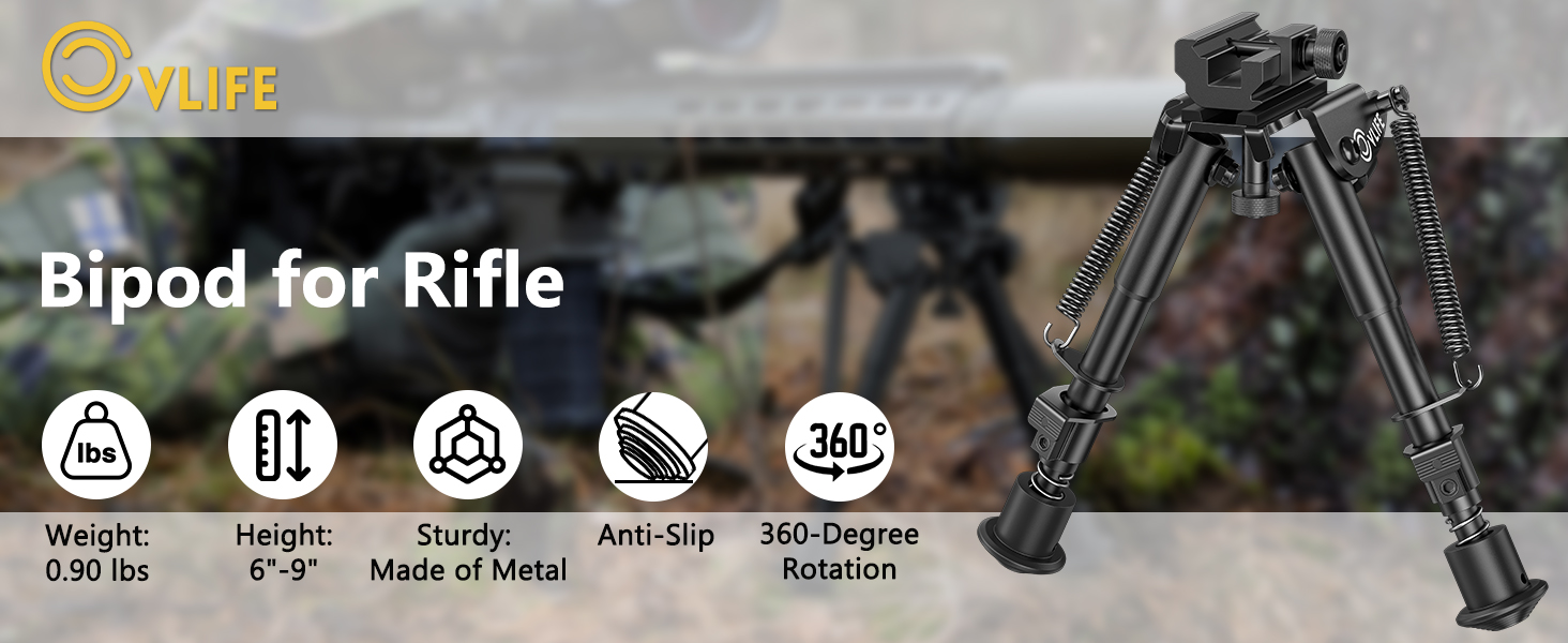 thumbnail image 2 of Tactical Hunting Rifle Bipod – 6-9" Adjustable, 360° Swivel, Spring Return – Picatinny Rail Mount 2 of 6