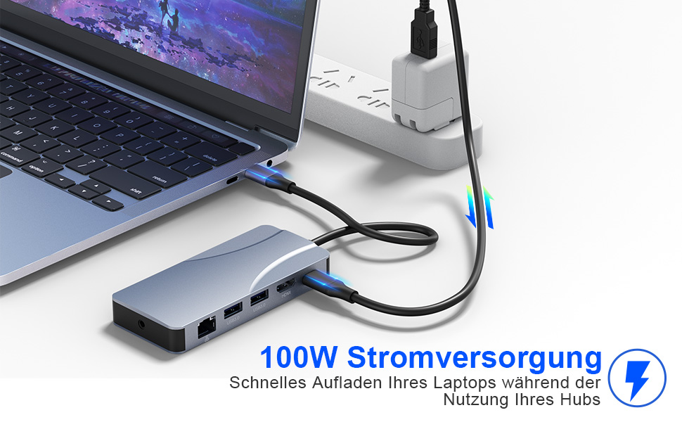 Support Power Delivery charging at max 100W. This multiport USB C adapter provides one Type-C pass t