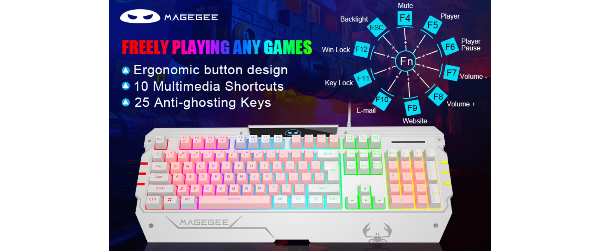 EACH gaming keyboard, RGB backlit, 25 anti-ghosting keys, ergonomic design, multimedia shortcuts