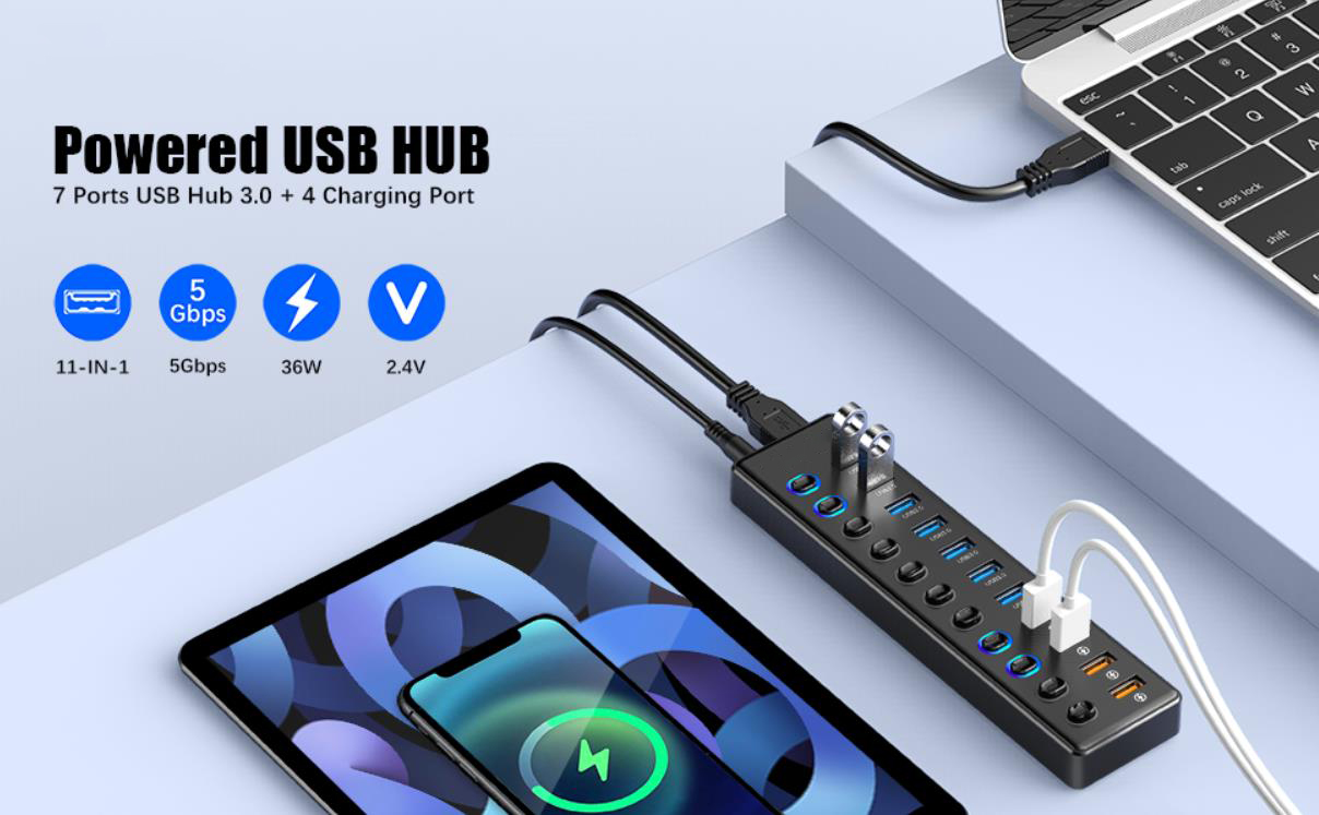 IHDAPP Powered USB Hub 3.0, 11-Port USB 3.0 Hub Splitter (7 USB 3.0 Data Ports + 4 Smart Charging P