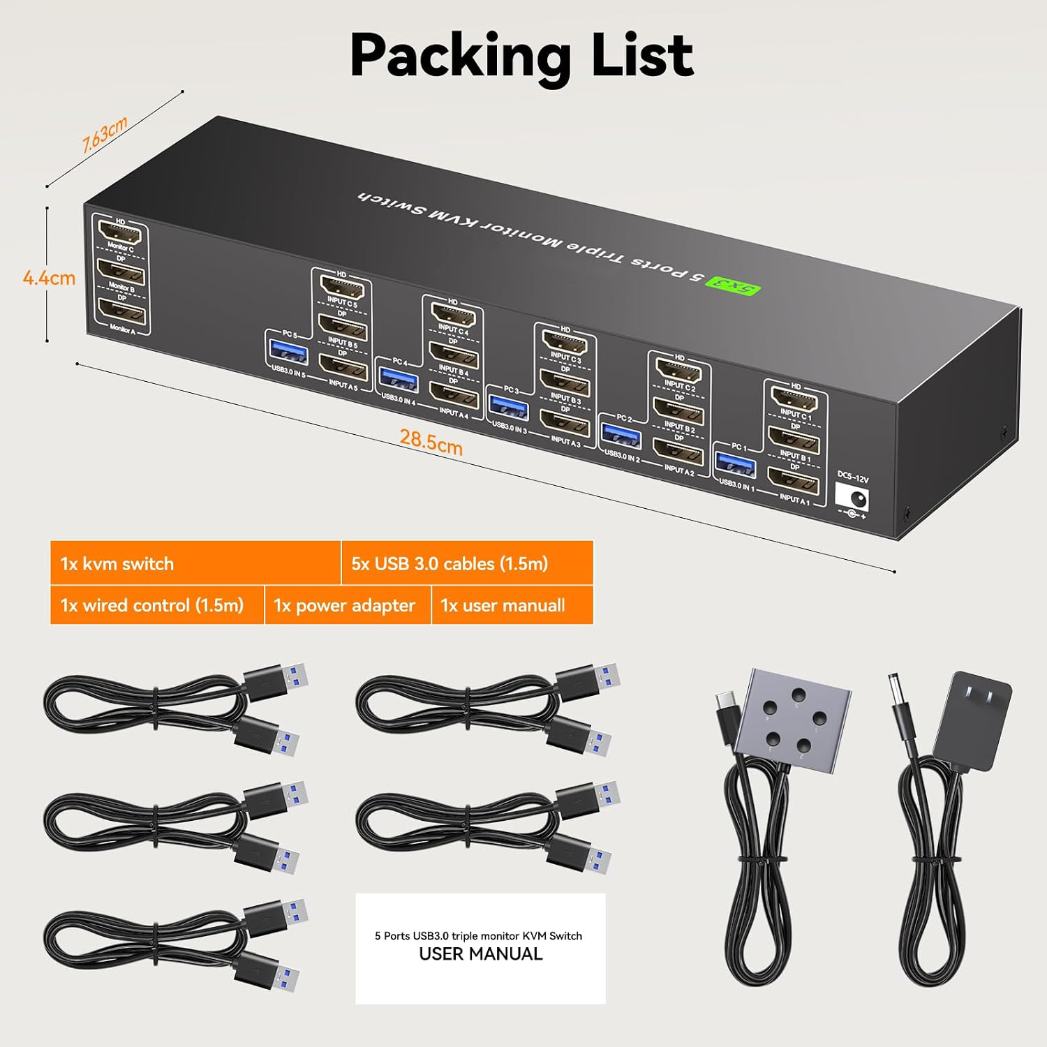 KVM Switch 3 Monitors 5 Computers HDMI + 2 DisplayPort, 8K@30Hz/4k@144Hz Three Monitor KVM Switcher,