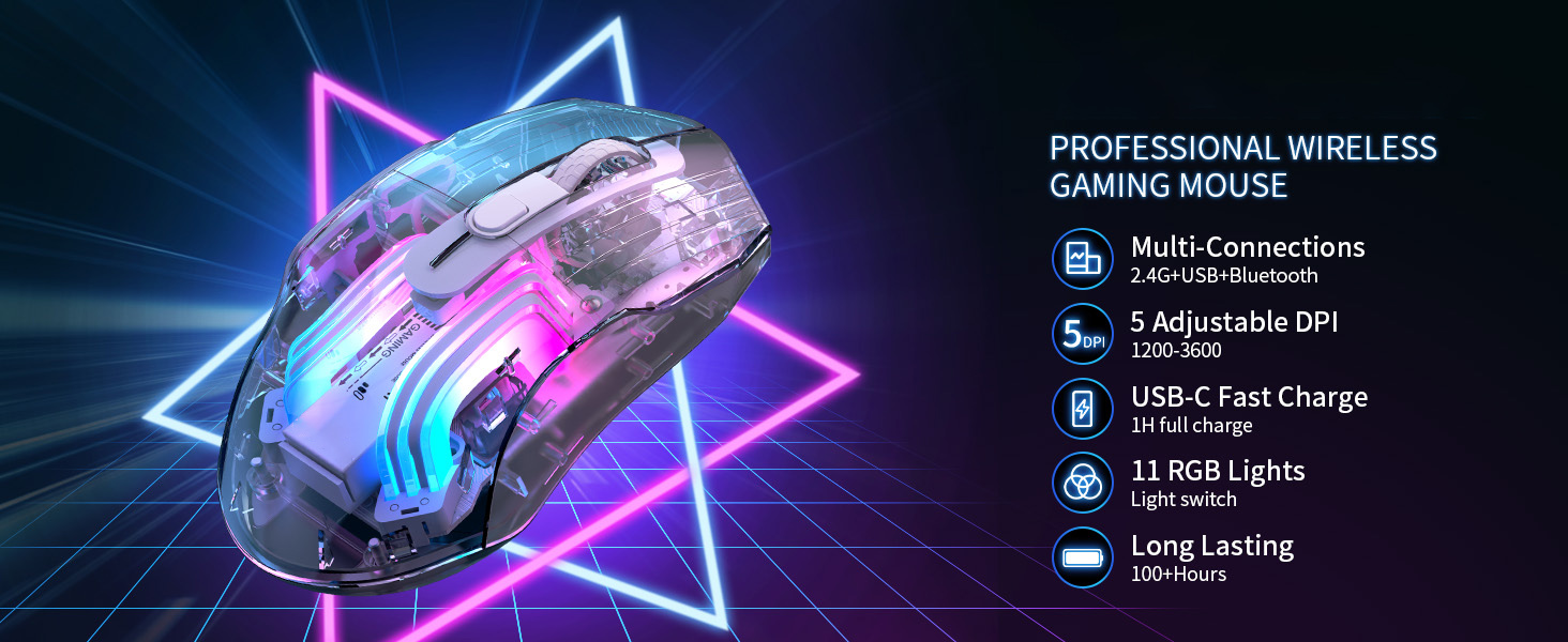 Hitoor Wireless Gaming Mouse, Tri-Mode 2.4G/USB-C/Bluetooth Mouse, Rechargeable Computer Gaming Mice