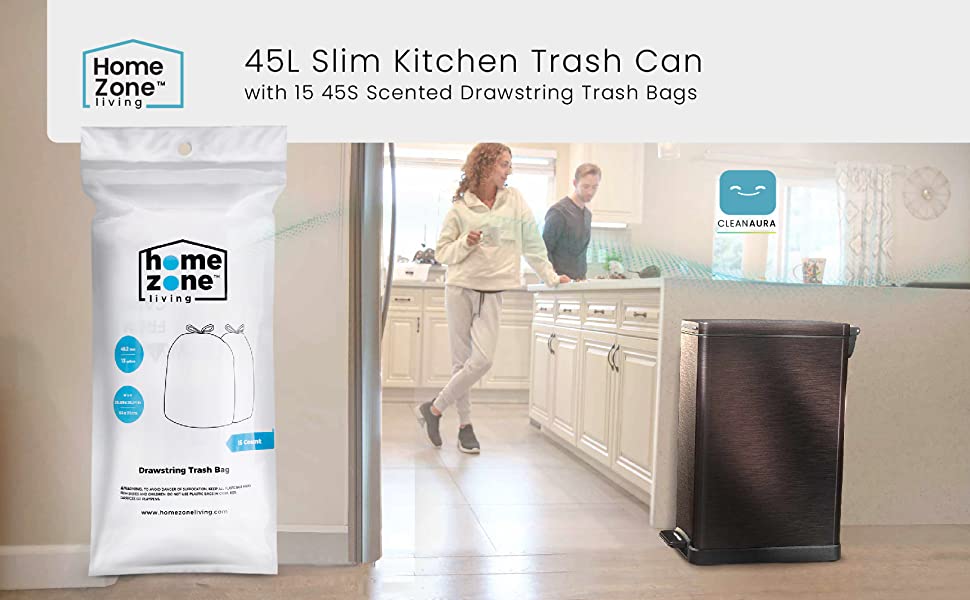 Home Zone Living 12 Gallon Slim Kitchen Trash Can, Stainless Steel, 45 Liter  Capacity, Black 