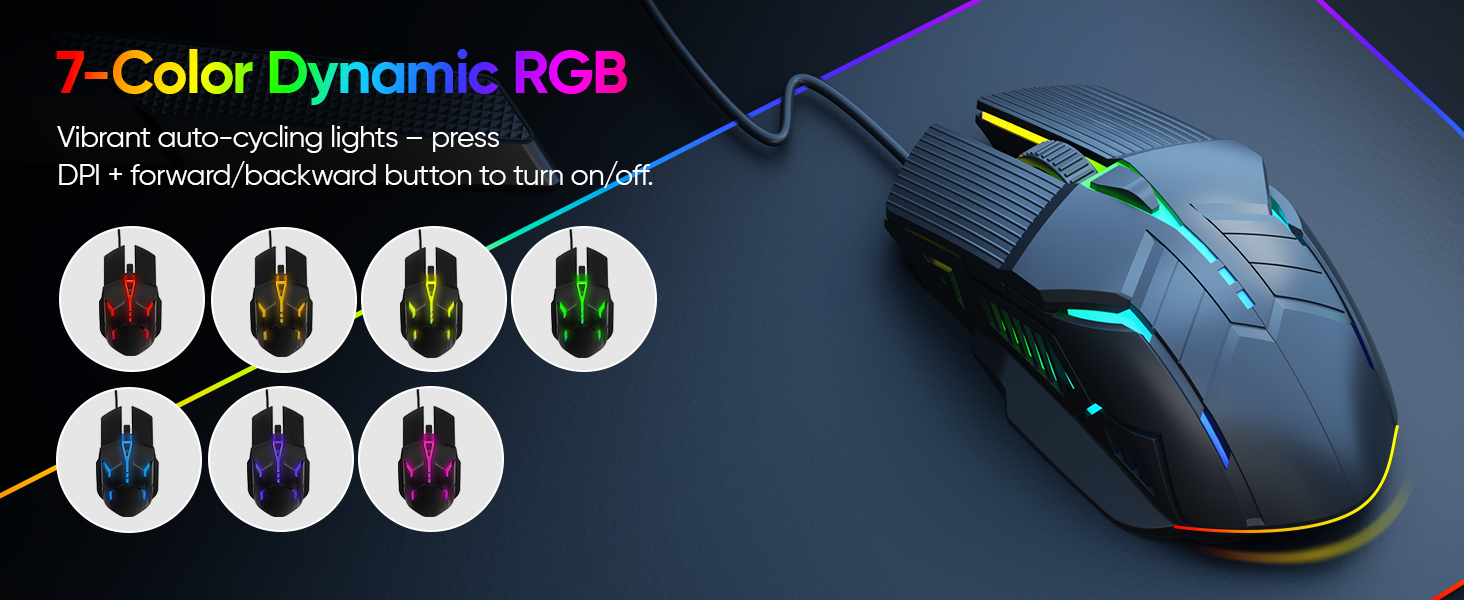 Wired Gaming Mouse - Lightweight USB Optical Computer Gaming Mice with 7-Color RGB LED Lights, 4 Adj