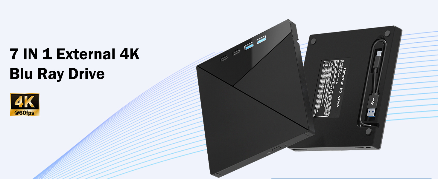 7 in 1 External 4K Blu Ray Drive for Laptop, 4K UHD Blu Ray Player,External Bluray Drive with USB 3.
