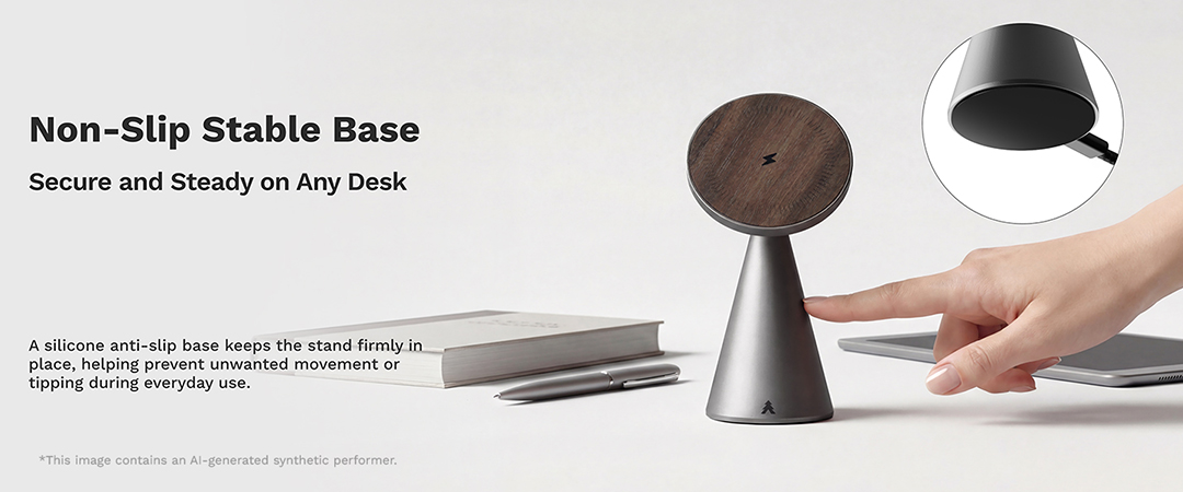 Non-slip stable base keeps the wireless charger stand secure on a desk