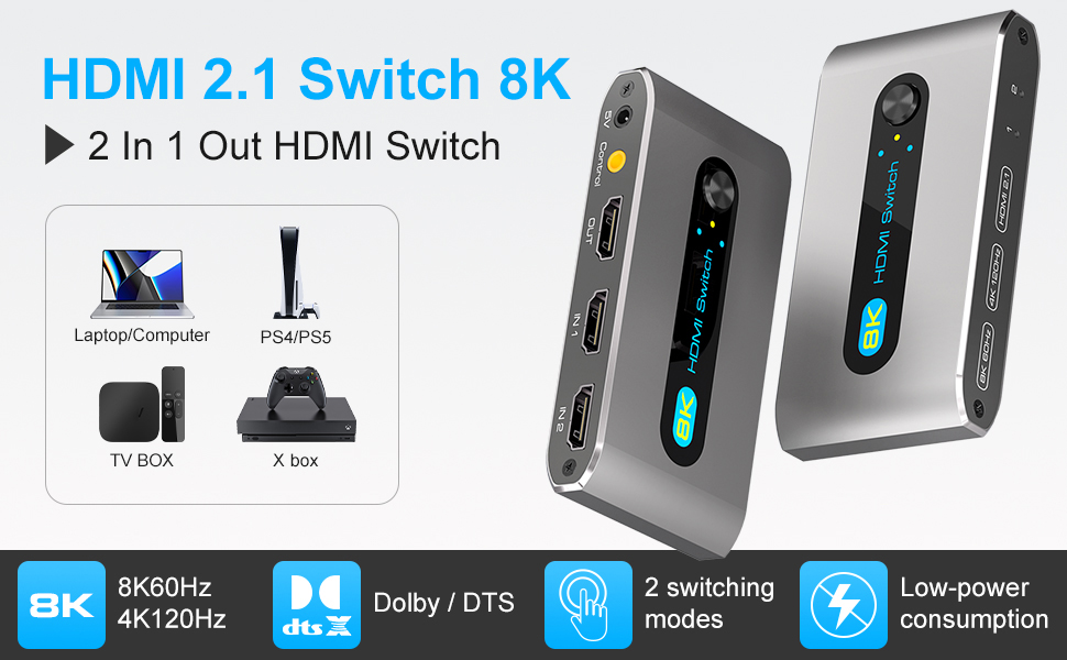  GANA Interruptor HDMI 2.1, divisor de conmutador HDMI 8K  bidireccional 2 en 1 salida, 4K @120Hz, 8K @60Hz, 48Gbps aluminio Ultra HD  HDMI Hub compatible con PS5/4, Xbox, Roku, Apple TV